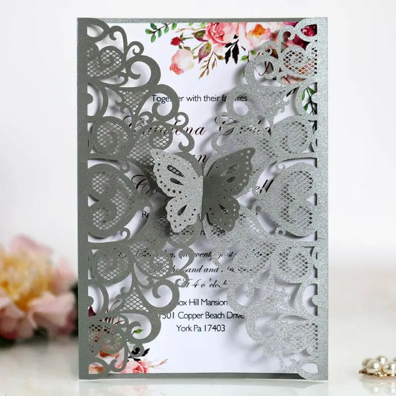 Производство 20 шт./компл. Роскошные элегантные индийские открытки в форме бабочки, кружевные блестящие бумажные конверты, праздничные свадебные приглашения