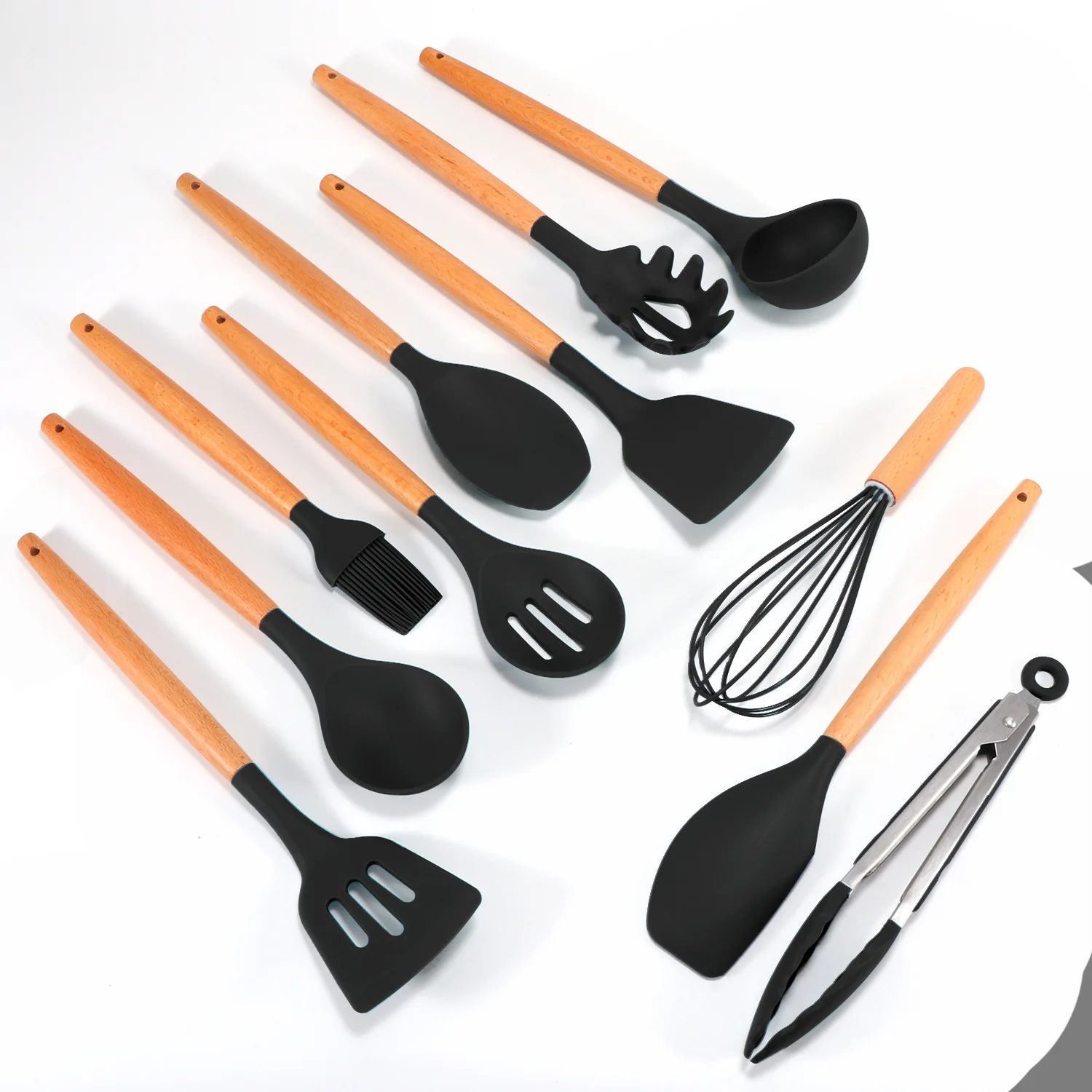 Colorful Silicone Cooking Utensils With Wooden Handle 12 Pieces Heat Resistant Silicone kitchen utensils Non-Stick Utensils Set
