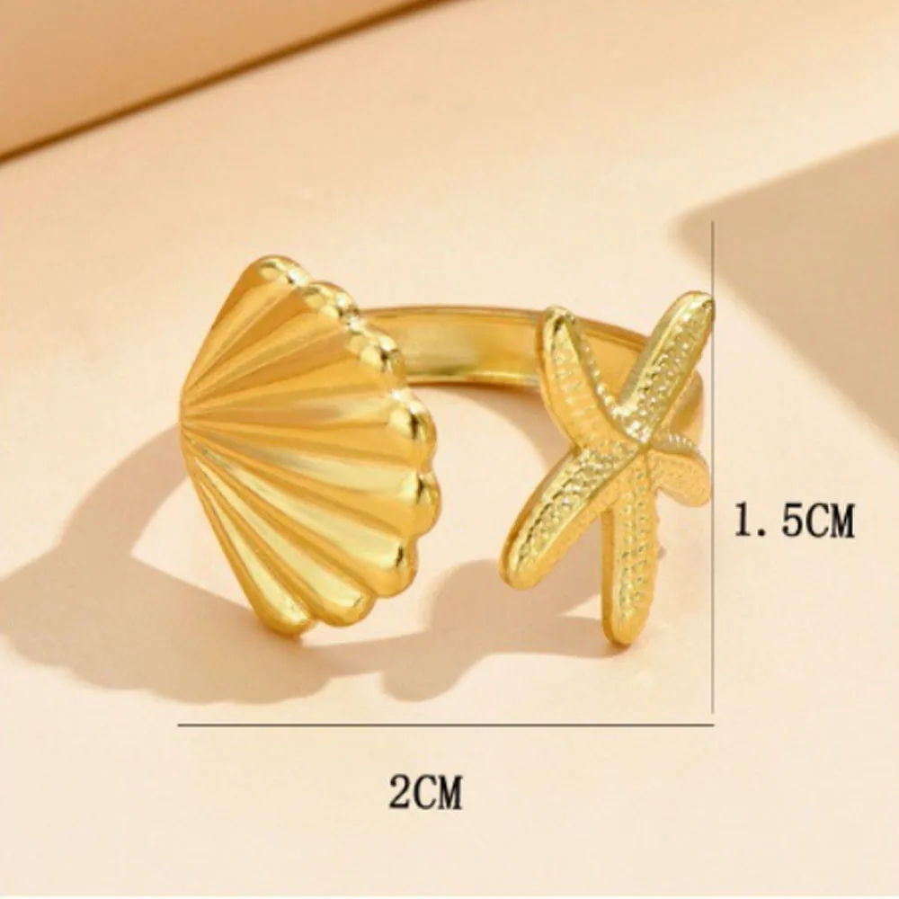 new boho 304 stainless steel sea starfish shell charm between the finger rings jewelry for women waterproof hypoallergenic