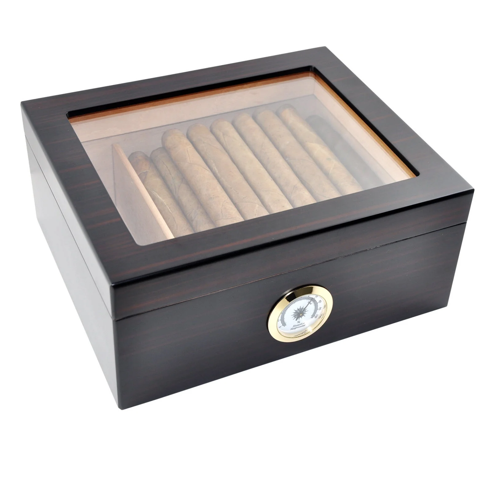 Ebony Cigar humidor with separate humidifier and hygrometer, tempered glass top display handmade wooden storage box