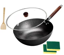 Round Flat Bottom Non Stick Mini Cast Iron Skillet Frying Pan 30cm With Clear Glass Lids and Spatula