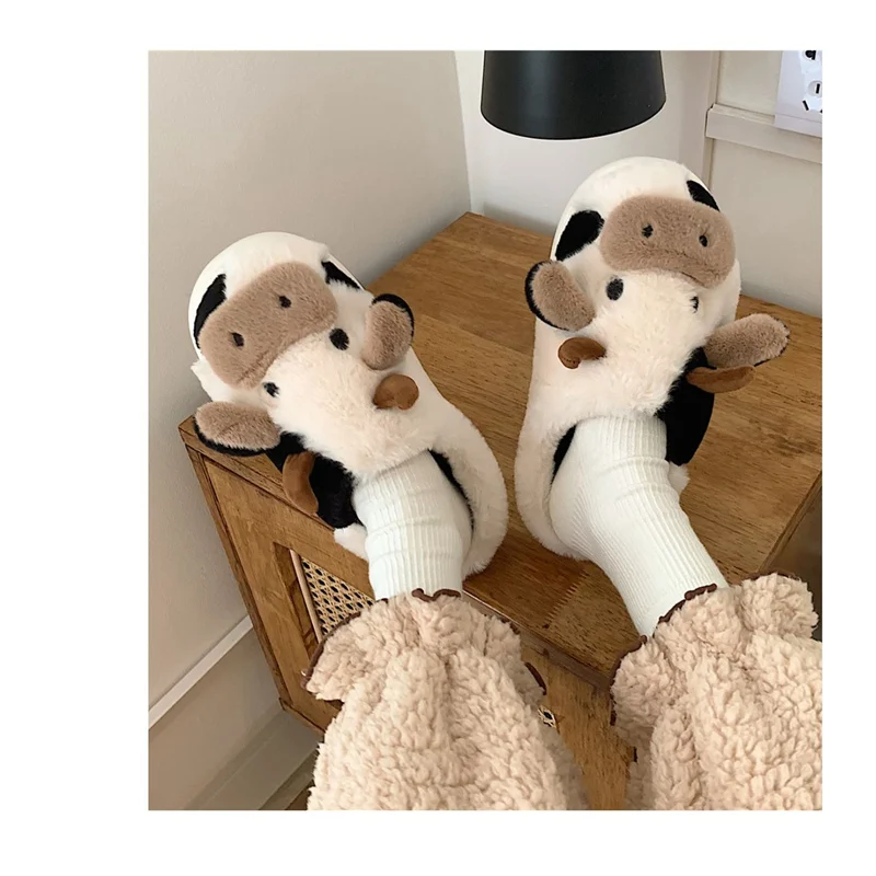 Nicecin OEM Korean Inside White Sublimation Warm House Indoor Plush Cozy Bulk Fuzzy Slides Cow House Slipper