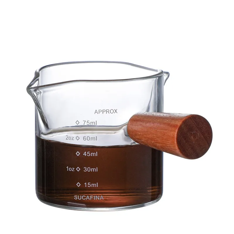 Factory direct Kitchen Accessories Glass measuring cup 75ml 100ml double spout coffee milk measuring cup with wooden handle