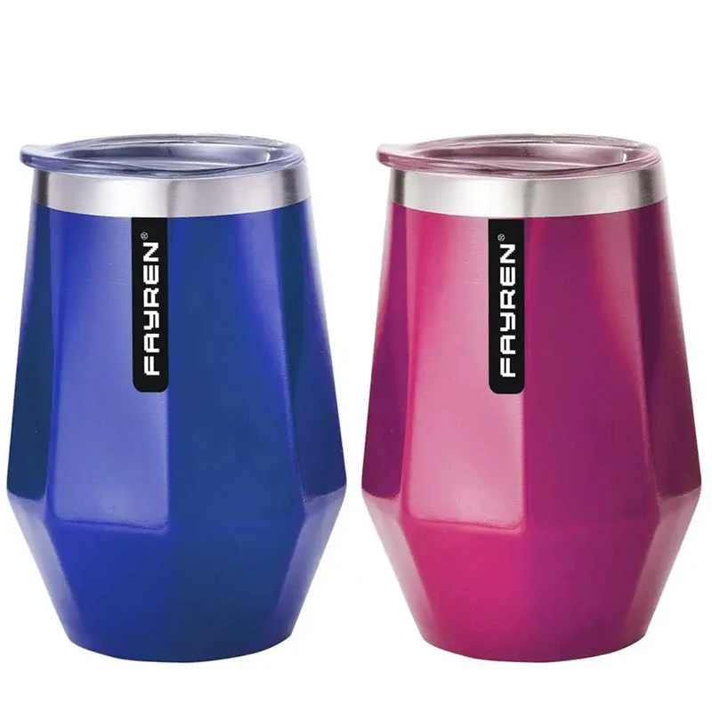 Custom Logo 12oz Diamond Shape Stainless Steel Thermal Insulated Coffee Cup Beer Mug Stemless Wine Tumbler cup With  Lid