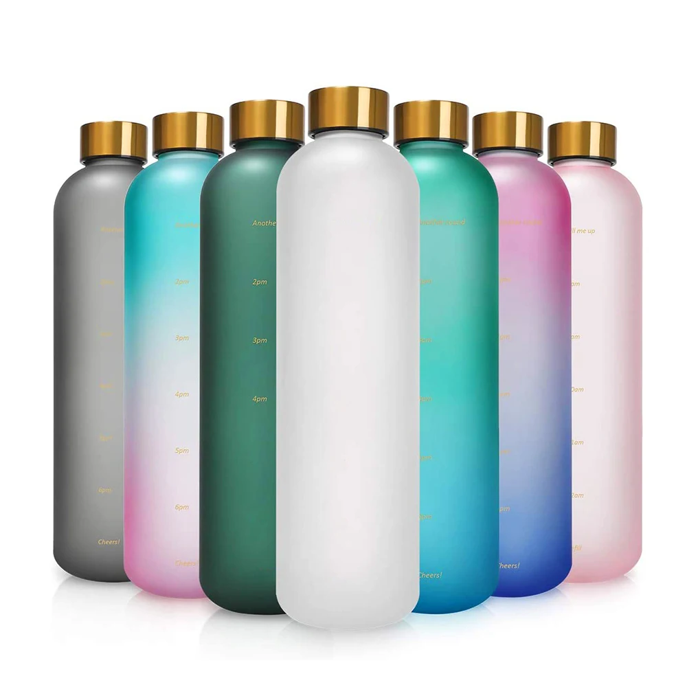 34oz 1L 2021 Time Marker Leakproof Bicycle Product Tritan Sport Frosted Plastic Water Bottle BPA Free Color gradient