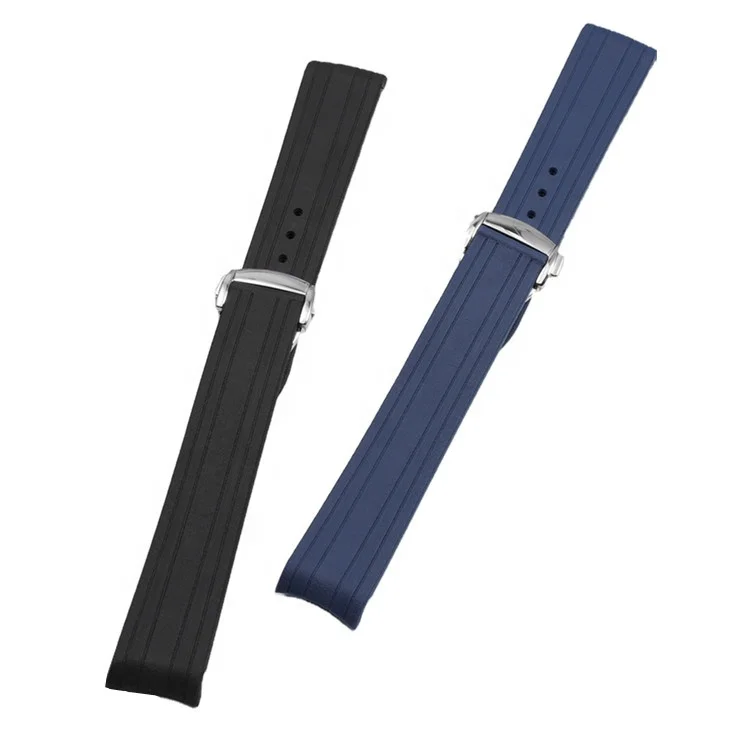 High quality soft navy blue curved end folding butterfly clasp 20mm rubber silicone watch band for omega watch strap