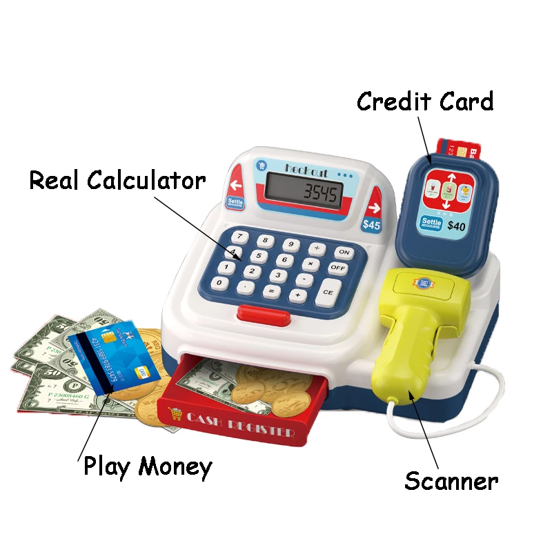 QS OEM ODM Educational Toy Kids Pretend Play  Real Calculator Cash Register Toy With Music Scanner Credit Card Reader Microphone