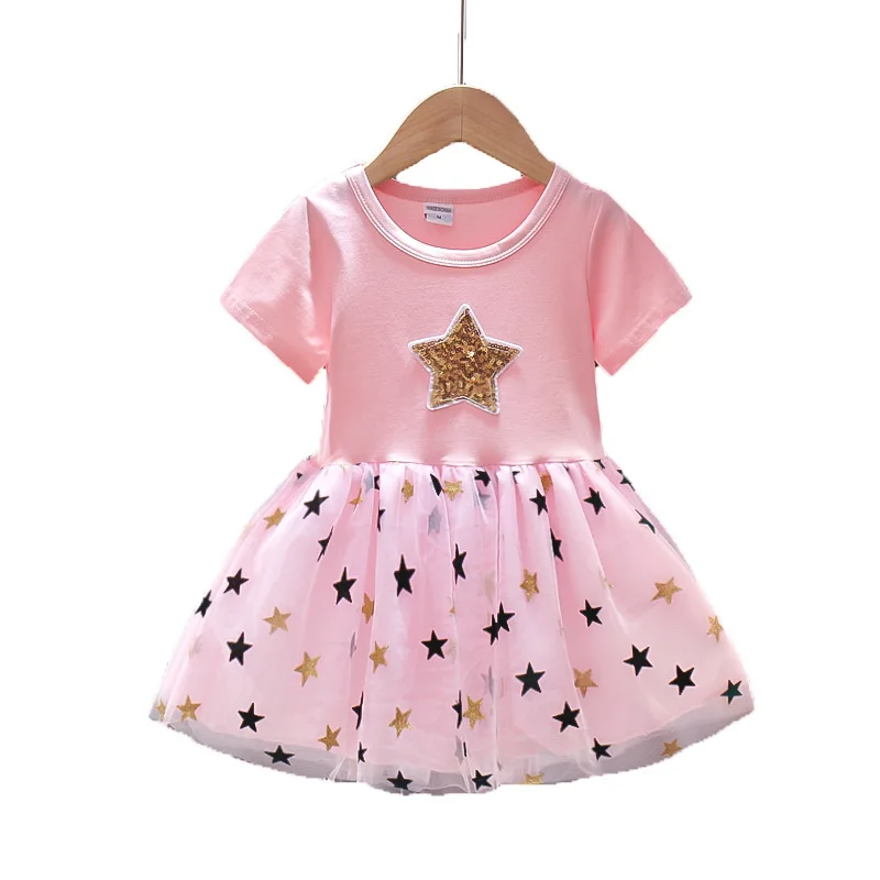Summer Short Sleeve Star Sequined Baby Girls Frock Princess Party Dresses for Kids Girls