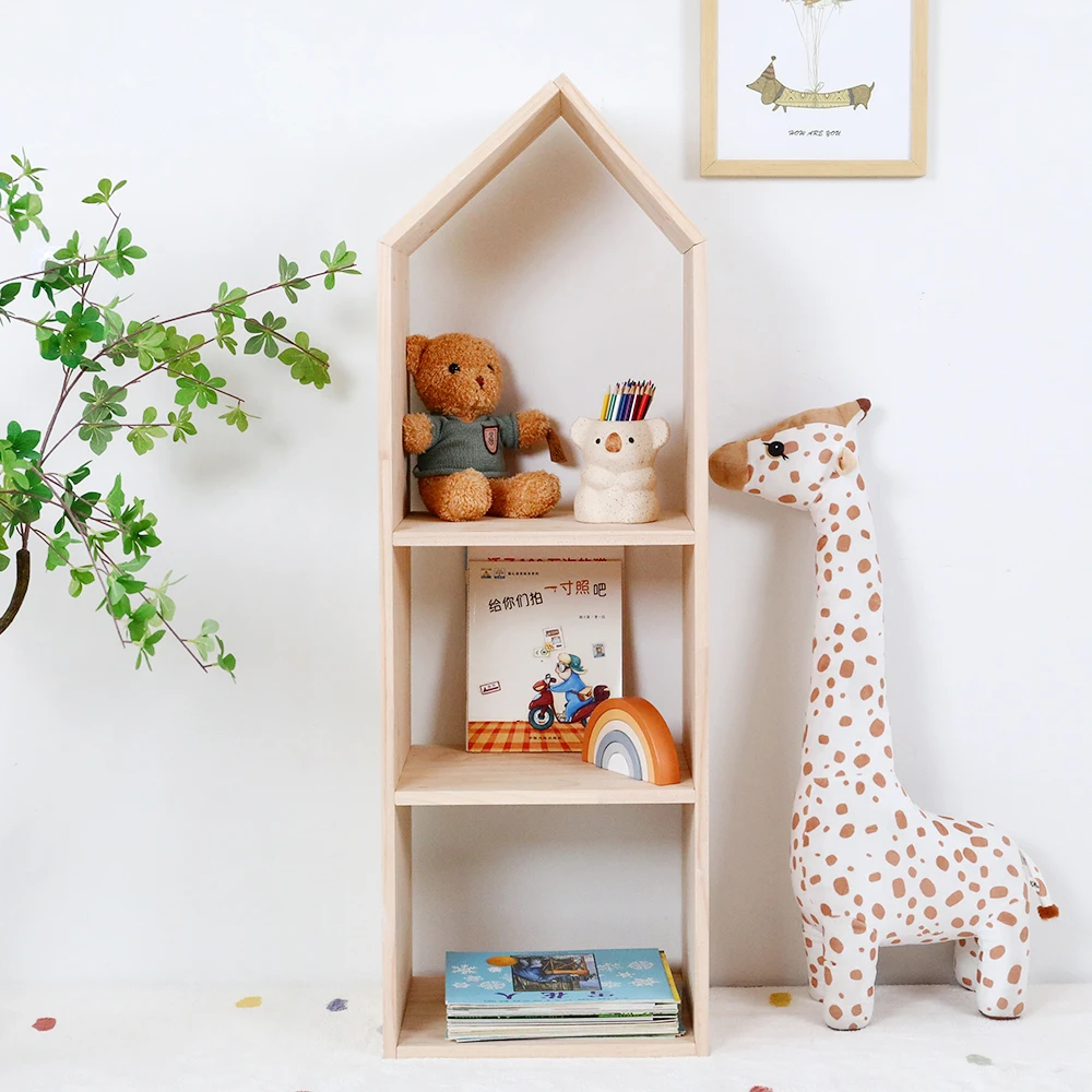 Multifunction Baby Indoor Three Layers Wood Bookshelf House Shape Shoes Rack Preschool Kids Room Book Storage Shelf