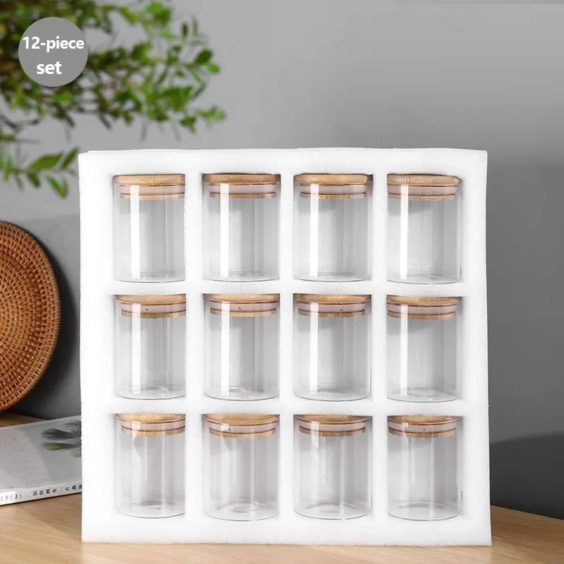 6.5cm 12pcs Set high borosilicate glass storage pantry jar set glass canister jar with bamboo lid set for kitchen
