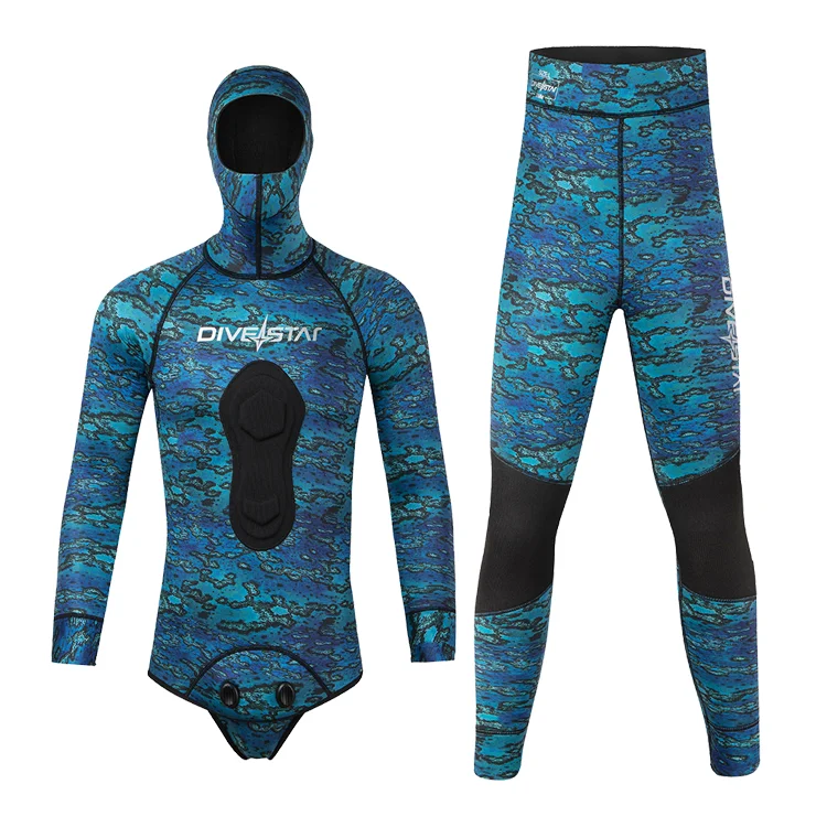DIVESTAR Custom Blue Camo Long Sleeve Two-Piece Neoprene Open Cell Wetsuit 2mm 3mm 5mm for Unisex Adult Spearfishing Hoodie