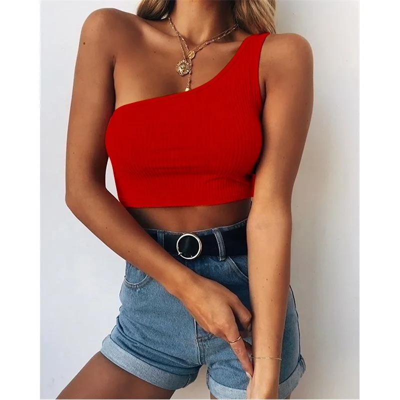 2021 новый весенний Модный повседневный укороченный топ midriff на одно плечо с боковым