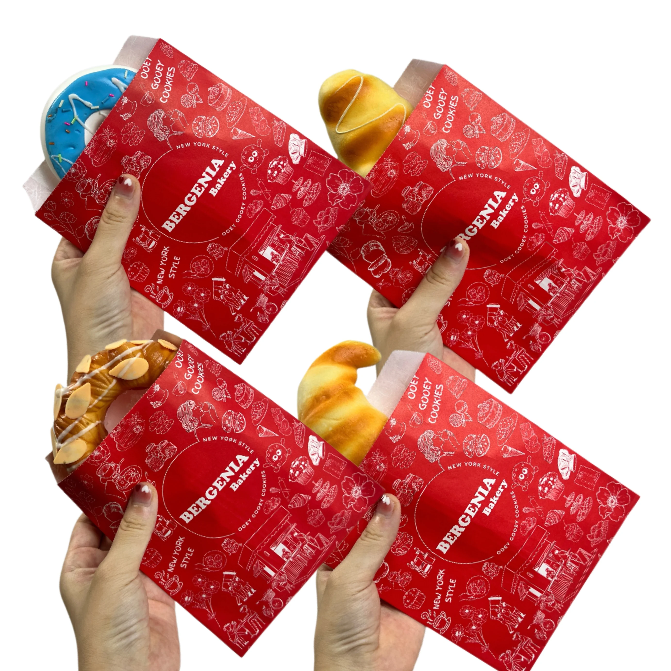 Custom Disposable Red Waxed Paper Wholesale Coconut Chocolate Cookie Bag Packaging Baked Goodies Pastry Croissant Bag Catering