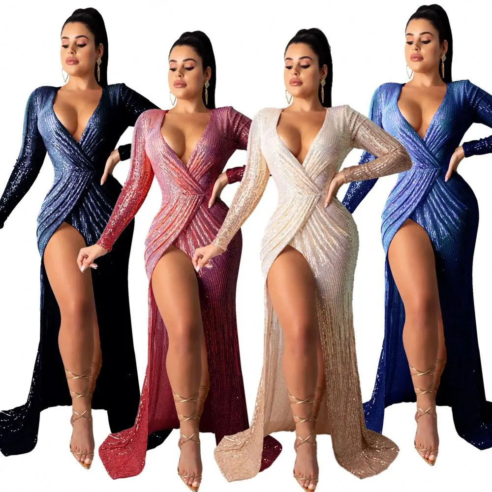
2021 Sequined Women Long Sleeve Evening Dress High Slit Bodycon Dresses Women Clothing YM 
