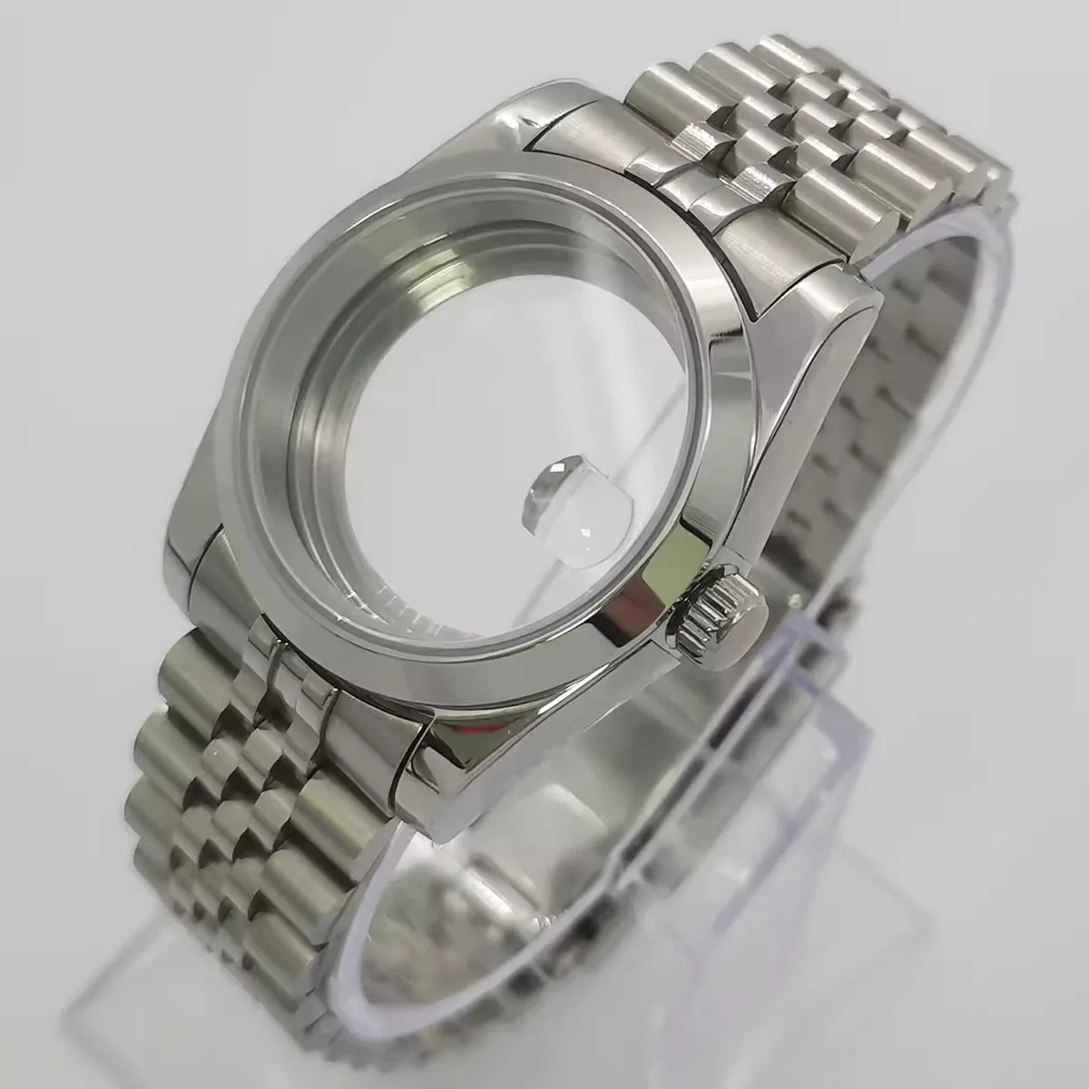 39mm Sapphire Glass Stainless Steel Silver Bracelet Watch Case fit Automatic NH35/NH36 Movement Solid/Transparent Back
