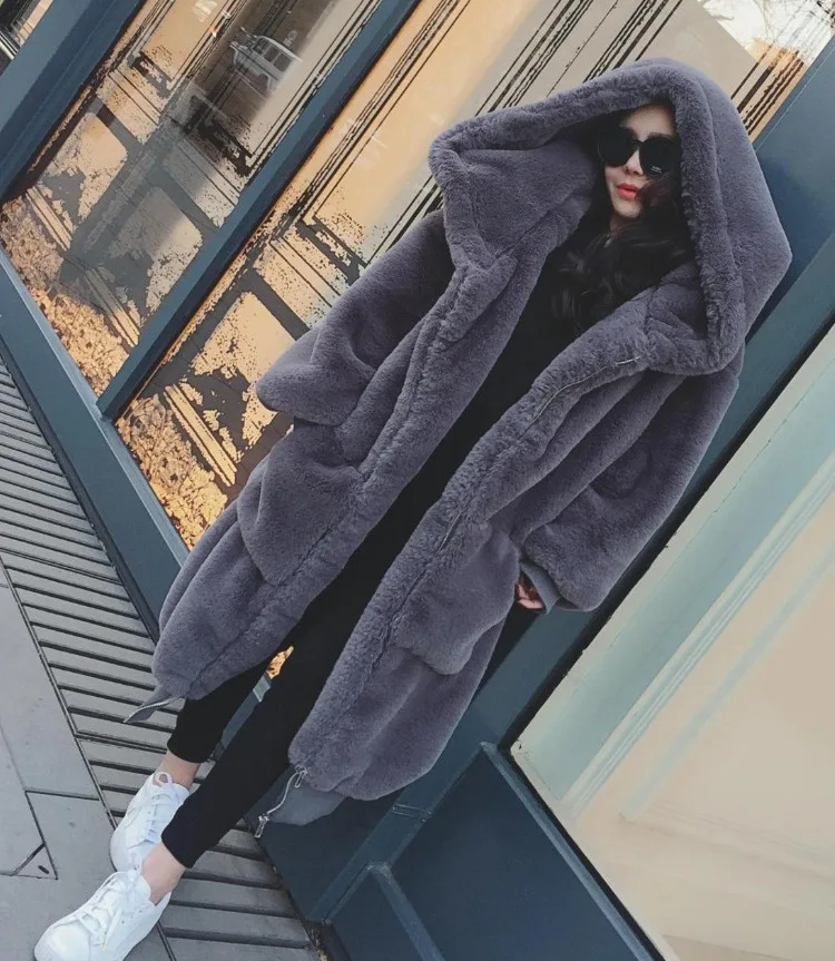 2022 New Arrival  Fashion Faux rabbit fur Long Over Sized Style Women hooded Coat