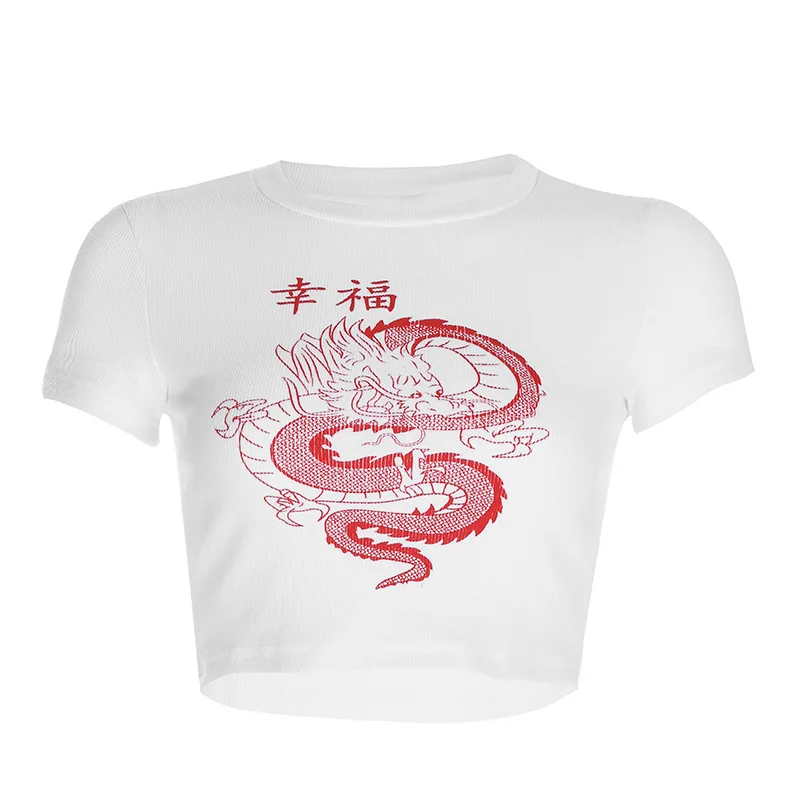 
Harajuku Women Crop Top Female Clothes Women Clothing Dragon Printed Chinese Style Fashion T-shirt Tops 