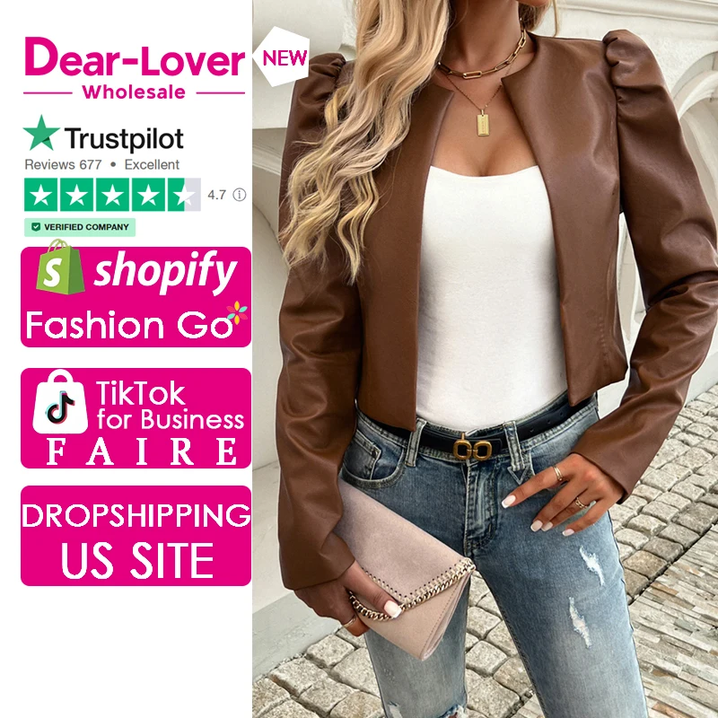 Dear-Lover Casual Camel Faux Gigot Sleeve Open Front Leather Jacket Women