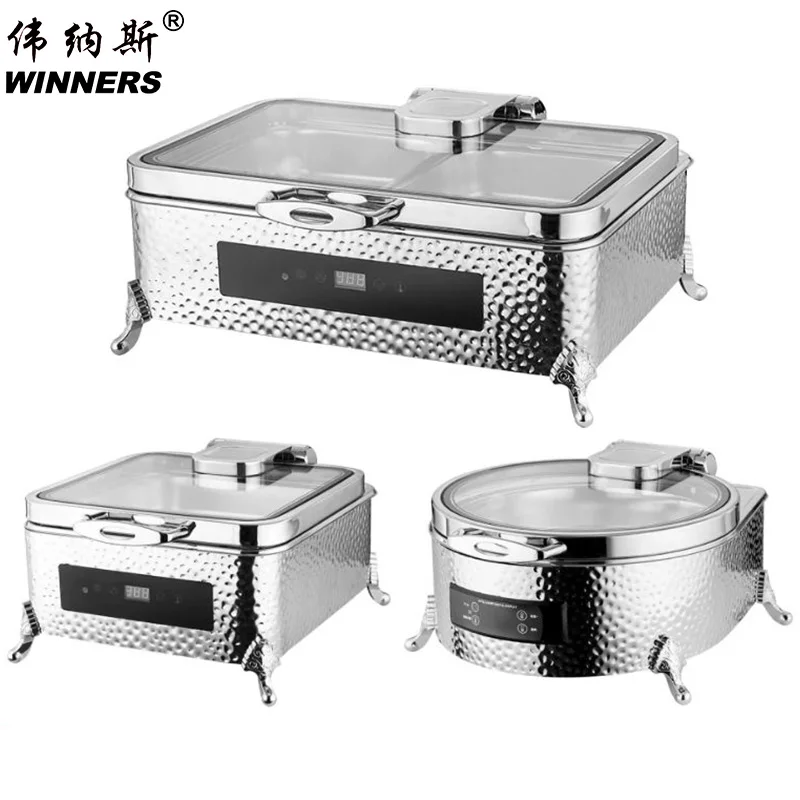 WINNERS luxury hammered stainless steel square electric food warmer remote control catering hydraulic round buffet chafing dish