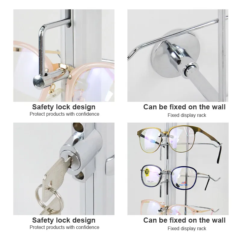 YIFAN Wholesale Wall Mounted 9/12/14/16pcs Sun Glasses Display Rack with Lock Optical Shop Eyewear Lockable Display Stand