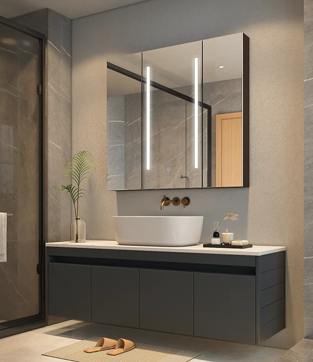 Home Family Order-Made lighted LED touch mirrored bath room Spacious aluminum bathroom cabinet with shelves