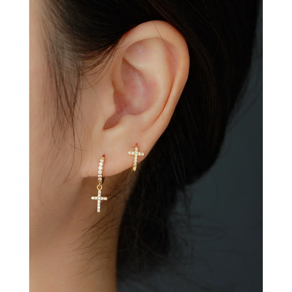 Zirconia Earrings Religious Cross Shaped Trendy Young People Hoop Earrings Diamond Set 925 Silver Gold Plated Earrings