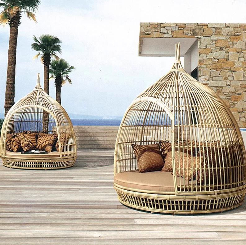 Patio Round Rattan Daybed Furniture Garden Backyard Swimming Pool Outdoor Rattan Wicker Birdcage Sun Bed