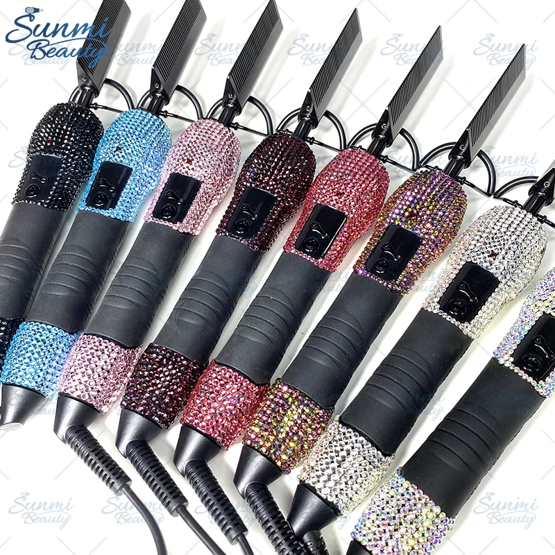 Amazon Hot Sale Bling Crystal Diamond Custom Professional Electric Hot Comb Hair Straightener Hair Styling Tools Hot Comb