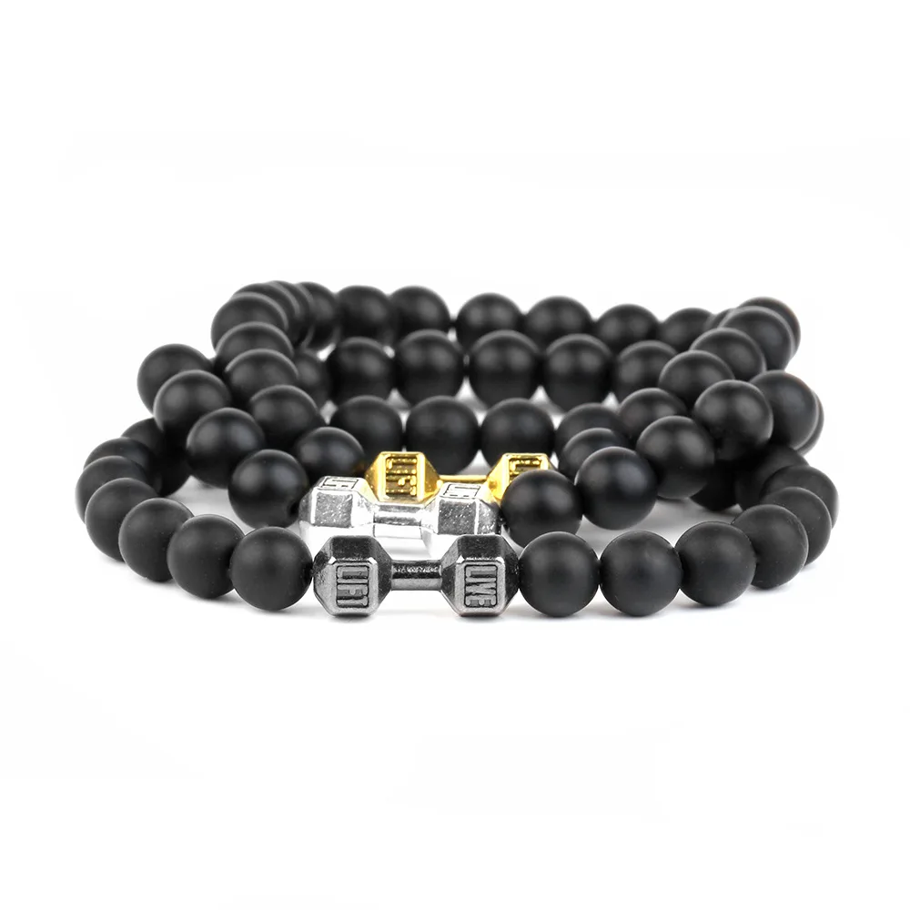 Engraved dumbbell Bracelet 8mm black frosted stone bracelet Black volcanic stone dumbbell sports bracelet jewelry men