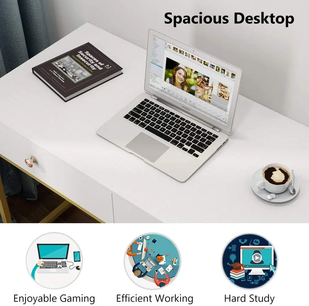 White high gloss home office writing desk computer laptop table  with two drawers