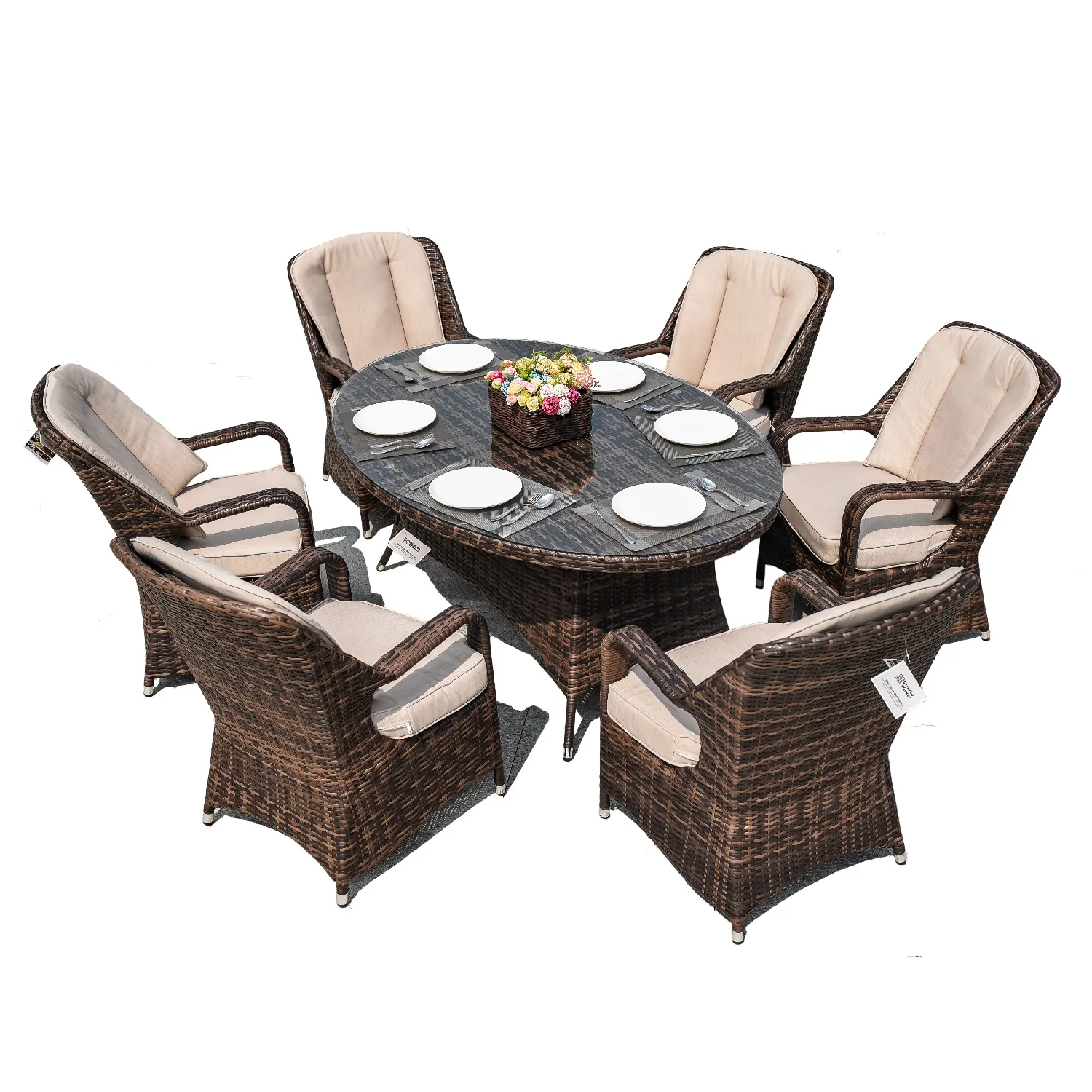 Outdoor Furniture Rattan 6 Chairs and 1 Table rattan woven rope wood Dining reclining Set for outdoors