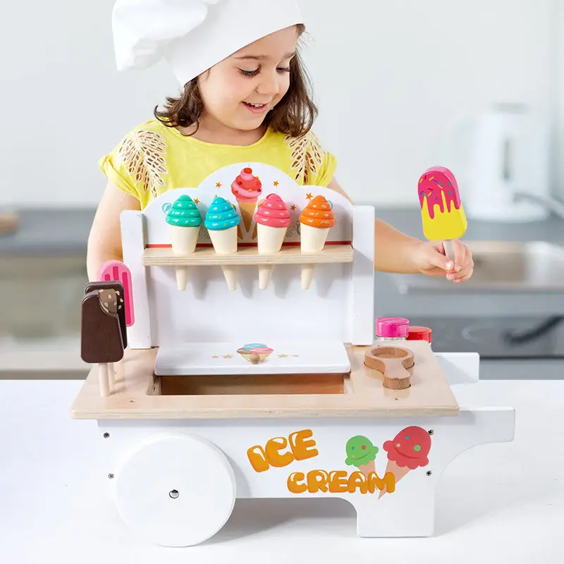 Simulation Ice Cream Truck Girl Shopping Cart Toy Supermarket Cart Wooden Toy ice cream cart