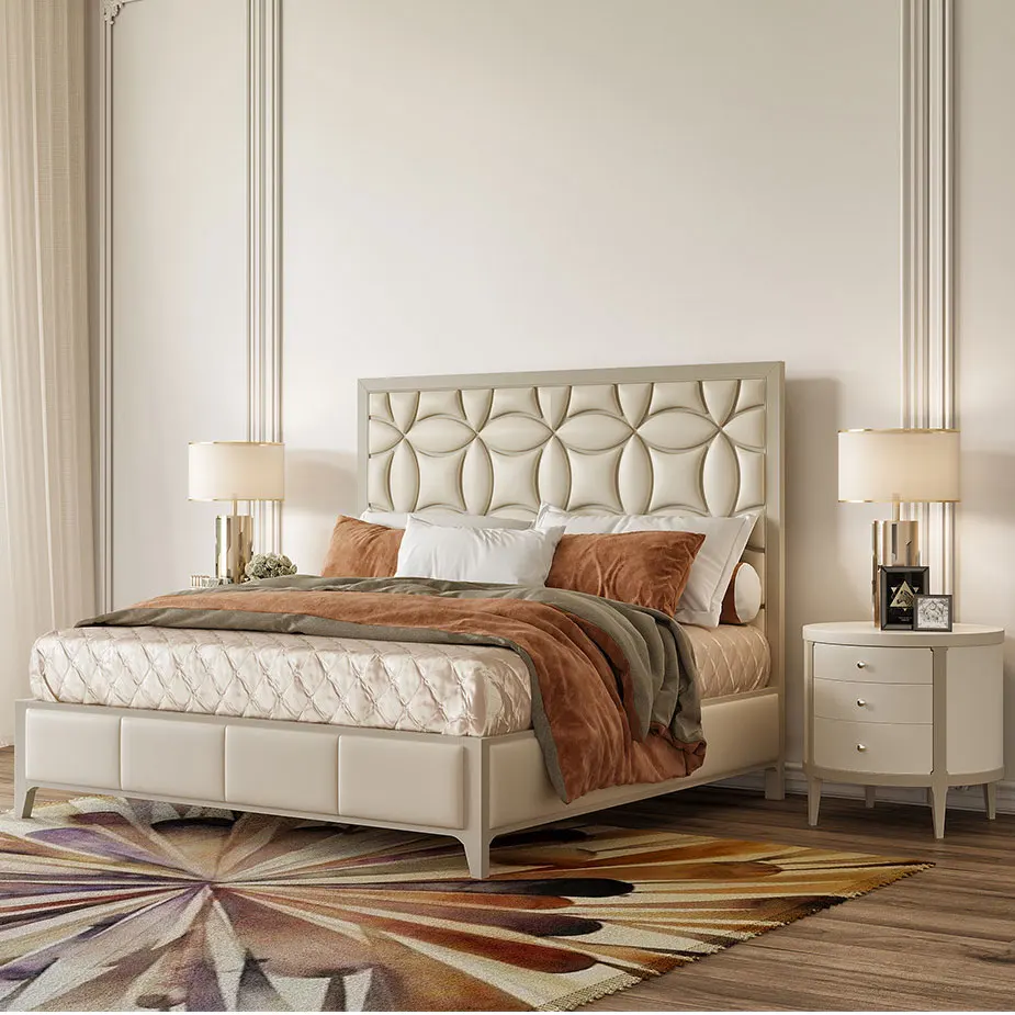 Custom Italy Luxury Homey Modern Coin Design Champaign Gold Leather Headboard Bed Frame