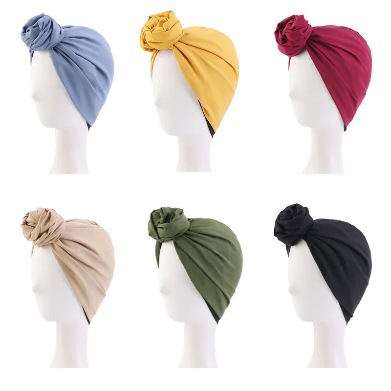 Elastic Twist Turban Hats Solid Color Turban Flower Head Scarf Hat Cap Cotton Vintage Sleeping Turban Cap