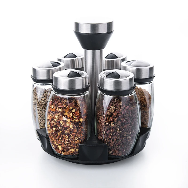 Round Glass Spice Jar Carousel Rotatable Set Spice Rack RotatingTransparent Portable Spice Bottles with Stainless Steel Lid