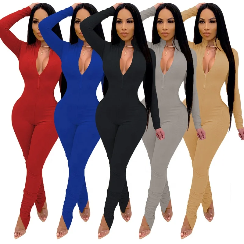 Cheap Fall Ladies Jumpsuit Pants Long Sleeve Solid Color Stacked Pleated Leg Women One Piece Jumpsuit