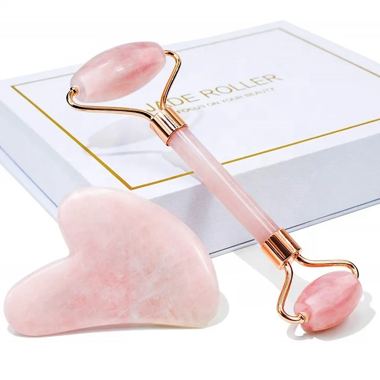 Custom Logo 2 in 1 Natural Jade Facial Massage Pink Crystal Quartz Roller Gua Sha Set With Box