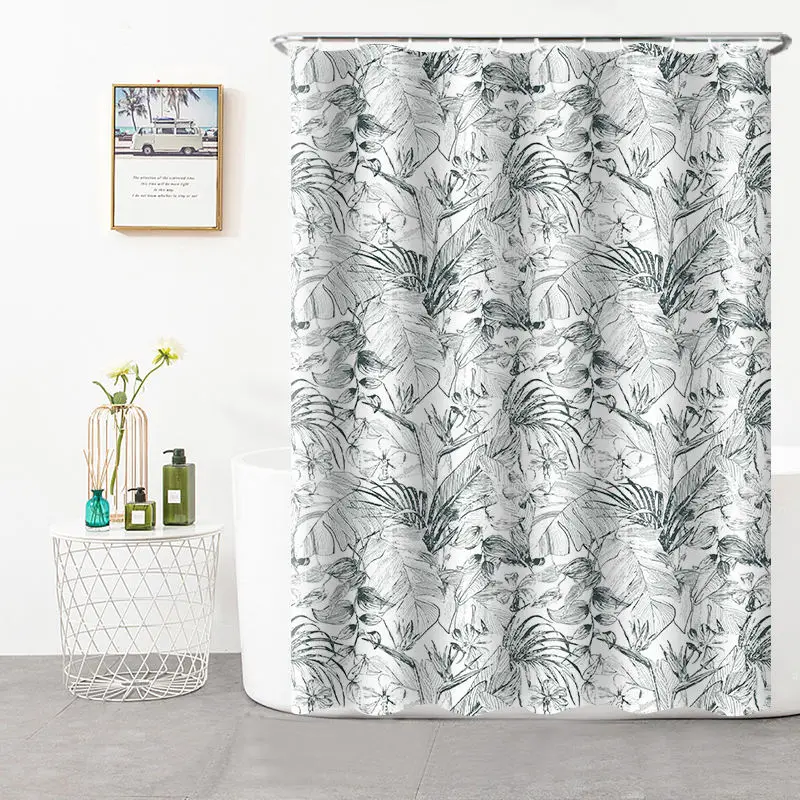 Hot Selling Amazon White Fabric Shower Curtain Liner Green Plant Waterproof Shower Curtain