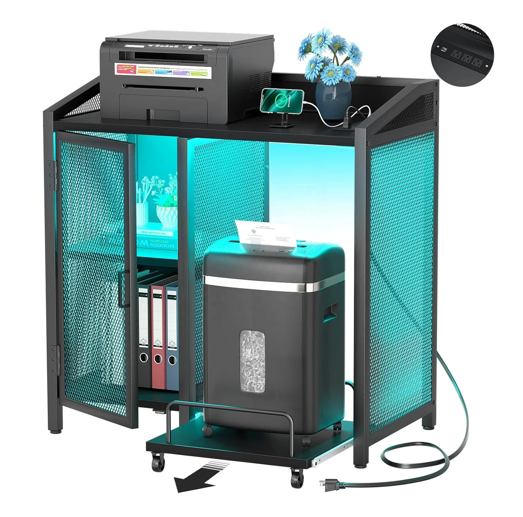 Adjustable Storage Shelves Home Office Furniture Printer Stand with Sockets Large Deskside Printer Table for Kitchen Use