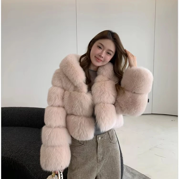 Fashion Design High Quality Fur Jacket Ladies Winter Warm Fox Fur Jacket Hooded Furry Jacket Women