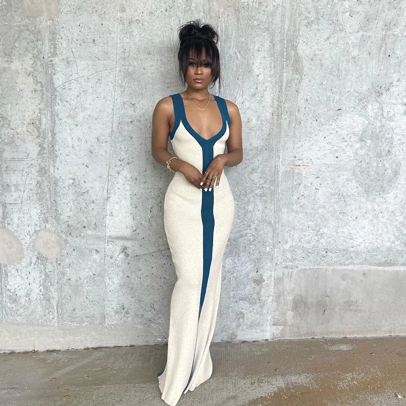 Holiday Style Woman Summer Casual Long Dresses Sexy V-neck Straps Blue and White Sleeveless Long Casual Dress 2023