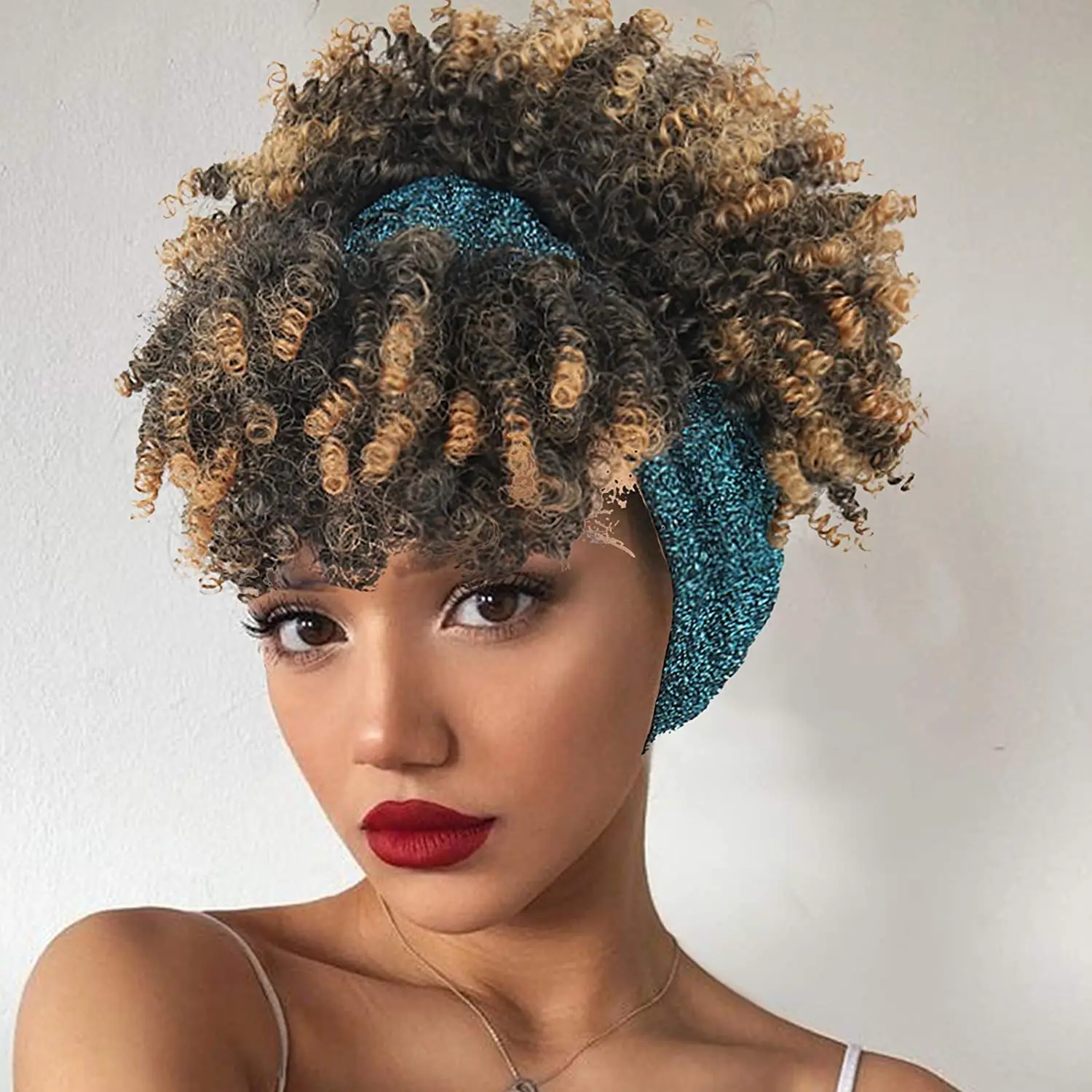 G&T Wig Afro High Puff Hair Bun With Bangs Short Kinky Curly Pineapple Hair Extensions Headband Wig for Black Women