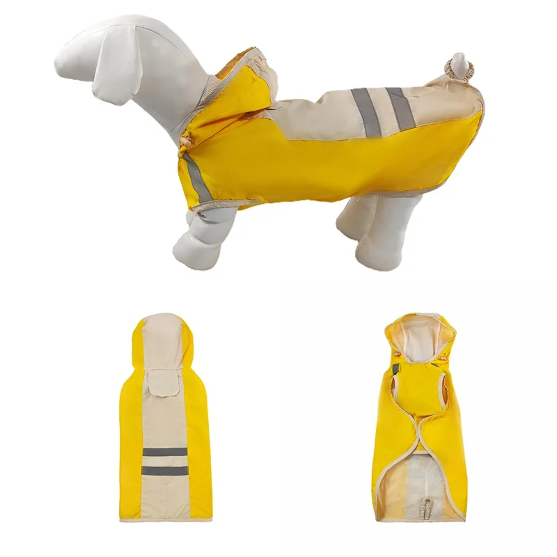 Wholesale dog clothes pet bright color hooded patchwork raincoat with high visibility reflective strips keep pet safe