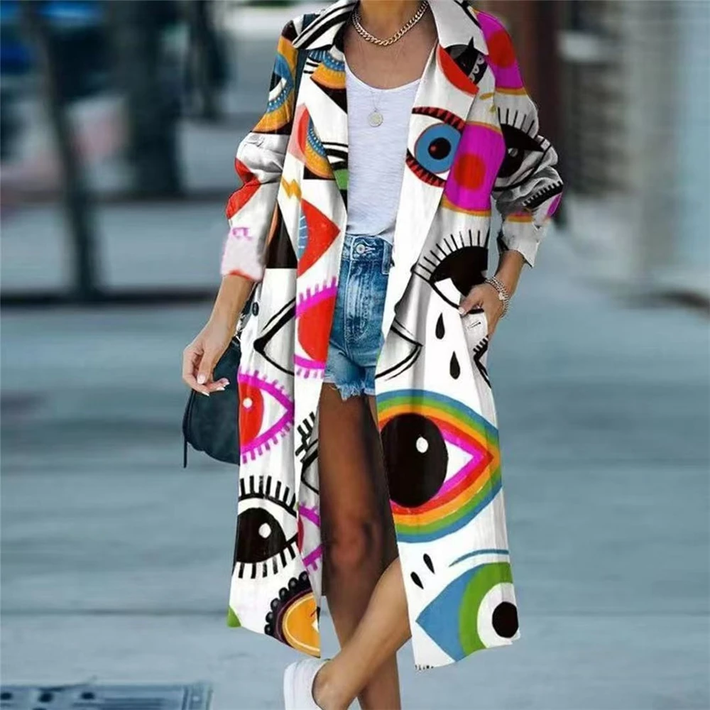 J&H 2022 chic streetwear cardigan women fall jacket fashion long coat with vintage pattern