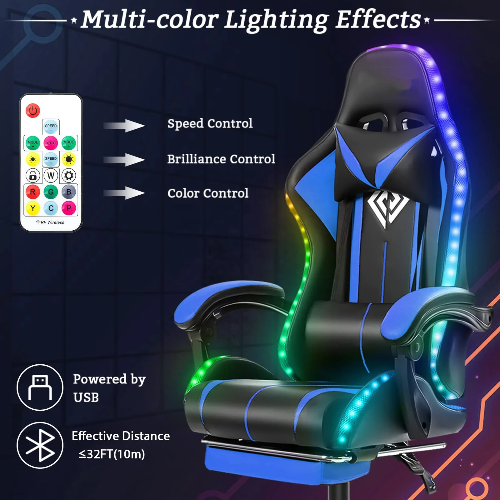 Comfty brilliant RGB LED Reclining Diamond Quilted Black Leather Racing Gaming chair with speakers Pillows Remote Control Chairs