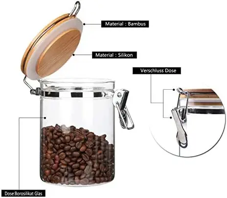 YOIOWE Home Luxury Kitchen Canisters Set 5-Piece Glass Food Storage Jars Bamboo Lids Metal Clasp Seal Steel Spice Parties