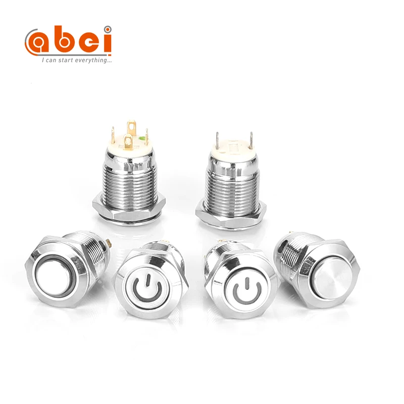 ABEI dia12 reset led light 12V small mechanical switches on off momentary waterproof 12mm push button switch