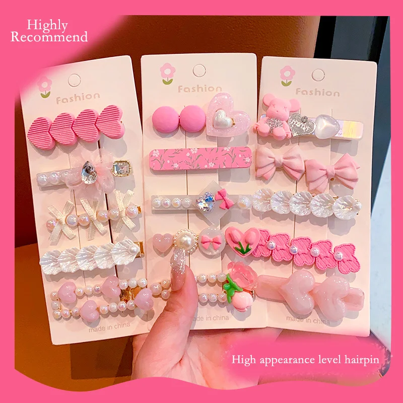 Wholesale Cartoon Cute Children Heart Flower Pink Hairpin Set Pearls Barrettes Hair Accessories For Girls Kids Hair Clip