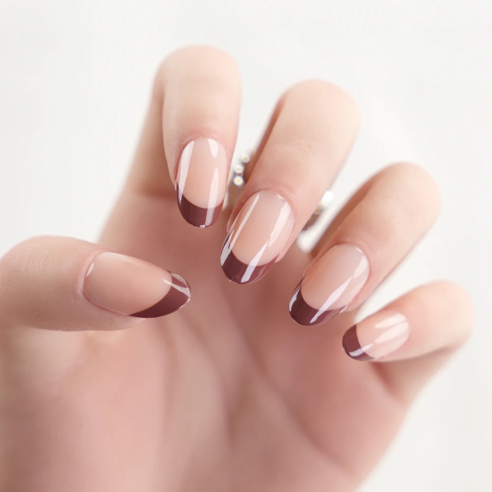French Tip Press On Nails Reusable False Nails Short Artificial Stick On Nails Brown faux ongles With Glue For Woman