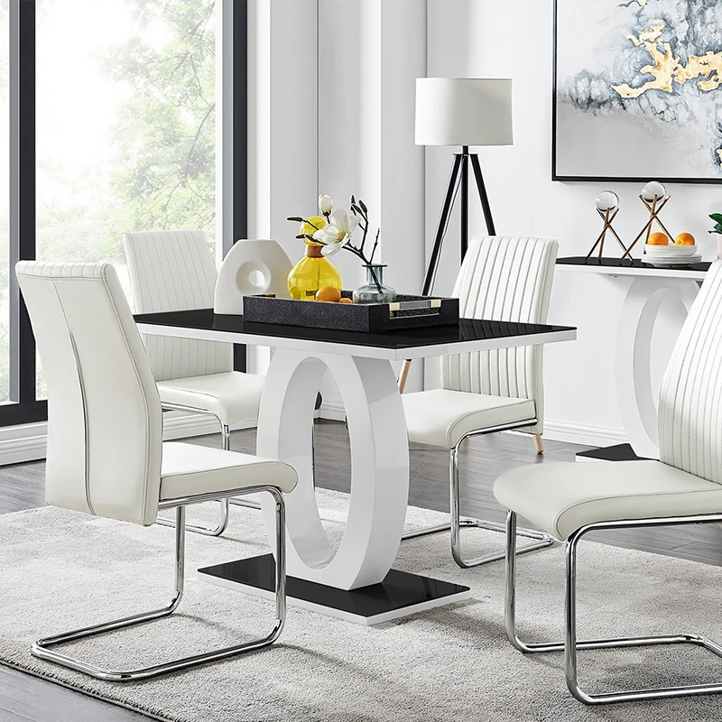 Dining Room Furniture Set Luxury Modern High Gloss Black Glass MDF Dining Table and 4 PU Leather Chairs